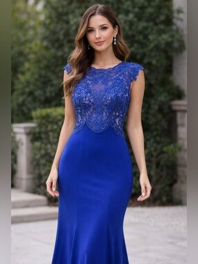 Camille La Vie Royal Blue Lace Prom Dress